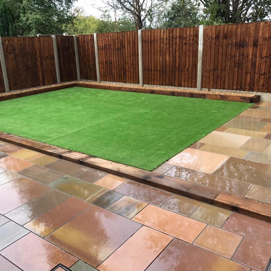 Smooth Sandstone Paving, Sleeper work, Artificial Grass and Fencing in Croft